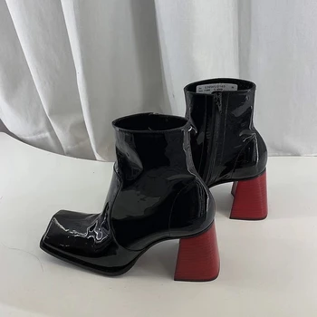 

Handmade Shiny Patent Leather Chelsea Boots Square Toe Short Lady Ankle Boots Red Chunky High Heels Botines Femmes Design Botas