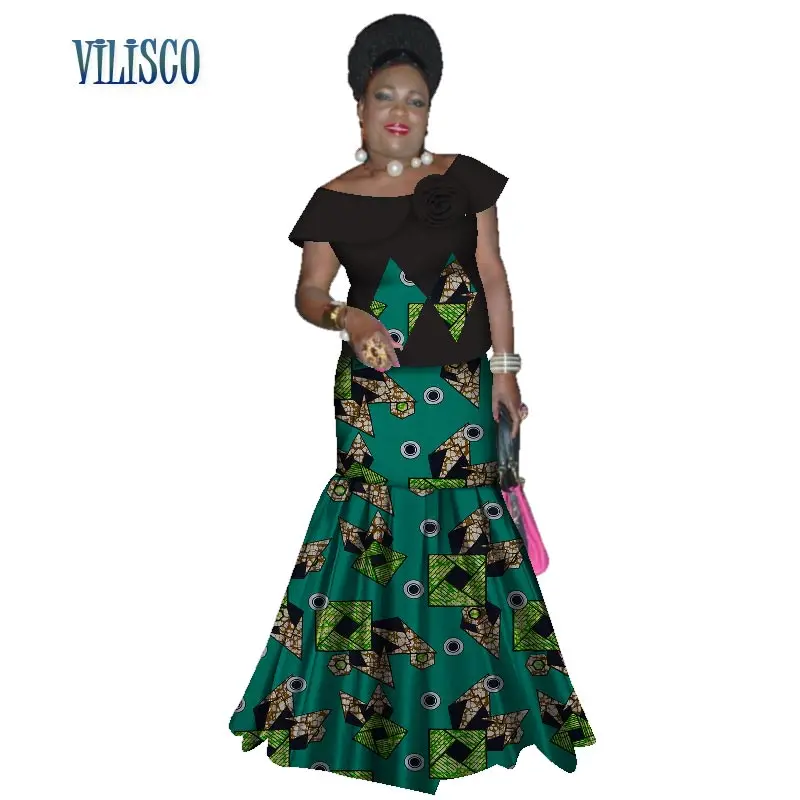 Bazin Riche, африканские топы с оборками и рукавами и юбки, комплекты для женщин, традиционный Африканский принт, 2 шт., комплекты юбок, одежда WY3059 - Цвет: 3