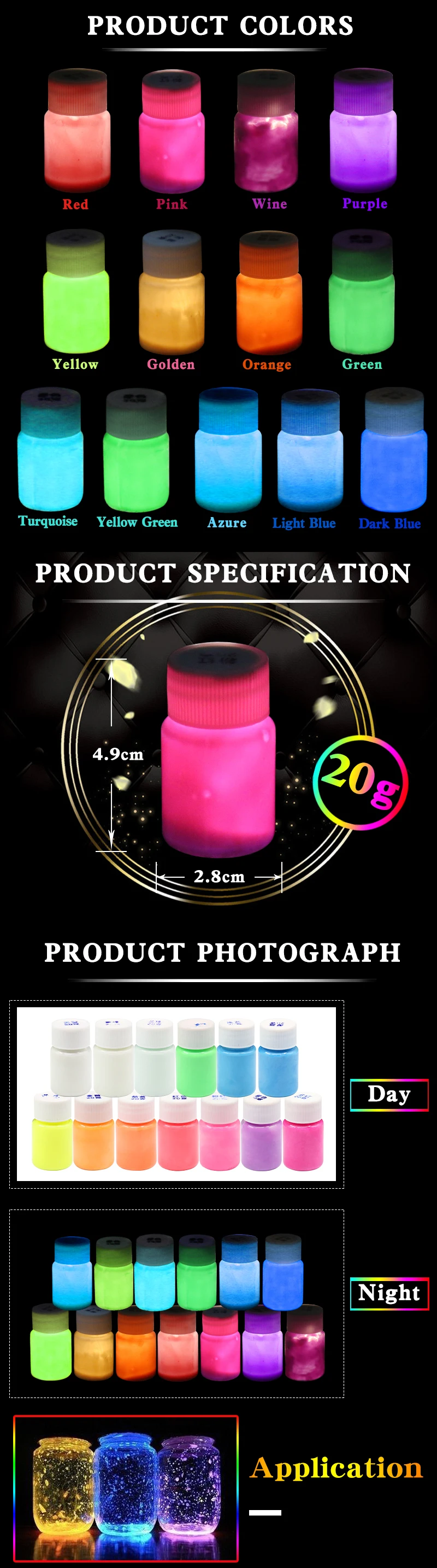13 Colors 20 grams Eco-friendly Without Radiation Neon Phosphor Powder Dust Luminous Pigment Fluorescent Powder Glow in the Dark 13 Colors 20 grams Eco-friendly Without Radiation Neon Phosphor Powder Dust Luminous Pigment Fluorescent Powder Glow in the Dark