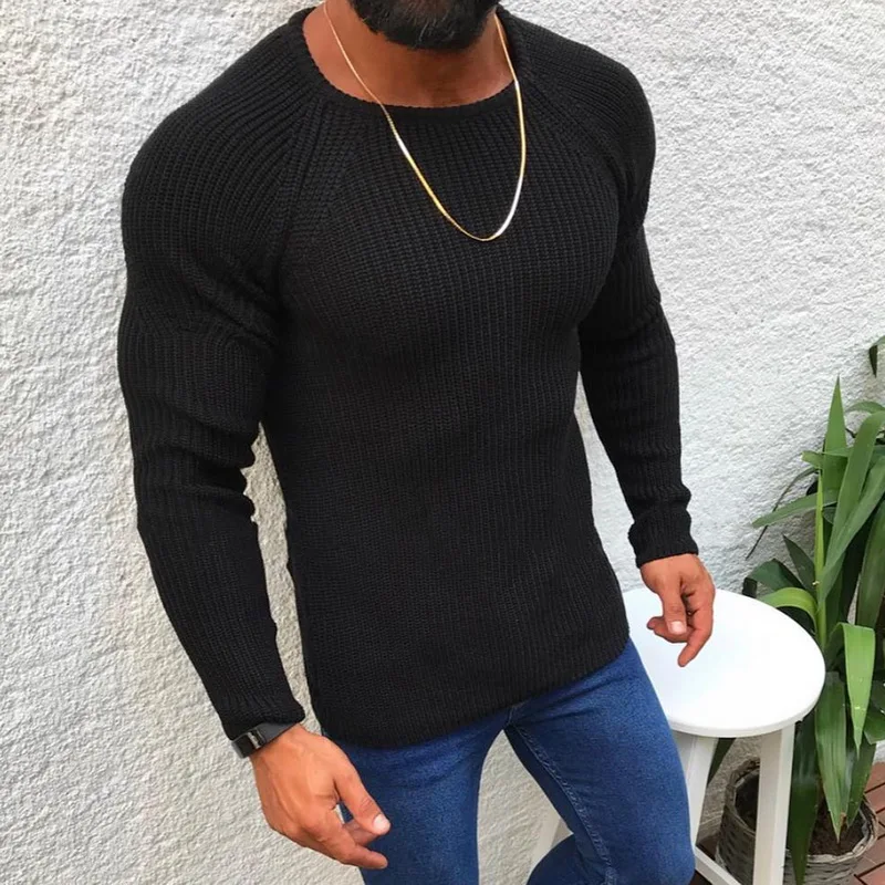 DIHOPE Mens Autumn and Winter Slim Fit Long Sleeved Round Neck Pullover Sweater Tops Male Solid 3