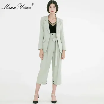 

MoaaYina Fashion Designer Runway Suit Spring Summer Women Long sleeve Suit Tops+Lace-Up 3/4 pants Two-piece set