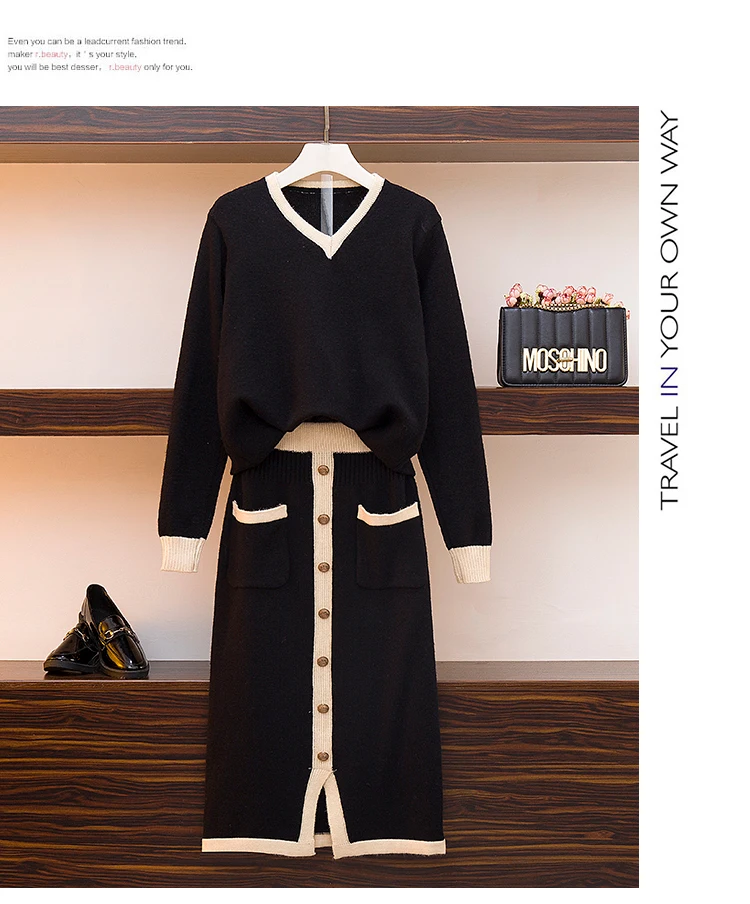 Amolapha Женский вязаный свитер с v-образным вырезом и длинным рукавом, джемпер, топы+ юбки с разрезом на одной пуговице, комплект из двух предметов, юбка, костюм