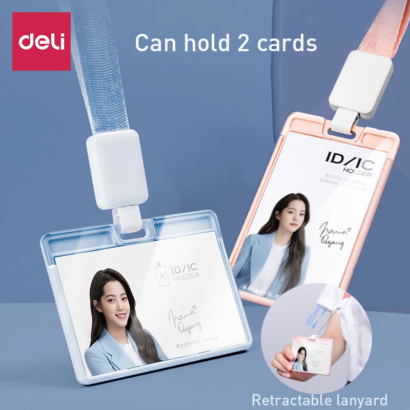 Deli-Conjunto de tarjetas de trabajo con cordón, hebilla retráctil, control de acceso al campus para estudiantes, tarjeta bancaria de bus transparente, ID