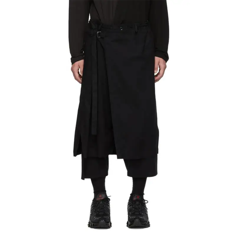 Men's Pant Skirt Wide Leg Spring And Autumn New Black Elastic-Waisted False Two Pieces Of Nine-Point Design Straight Pants