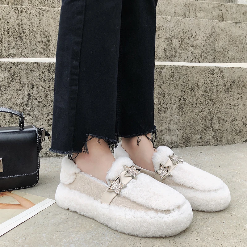 

Round Toe Women's Shoes Platform White Sneakers Loafers Fur Autumn Slip-on Shallow Mouth Clogs Fall Casual Slip On Winter