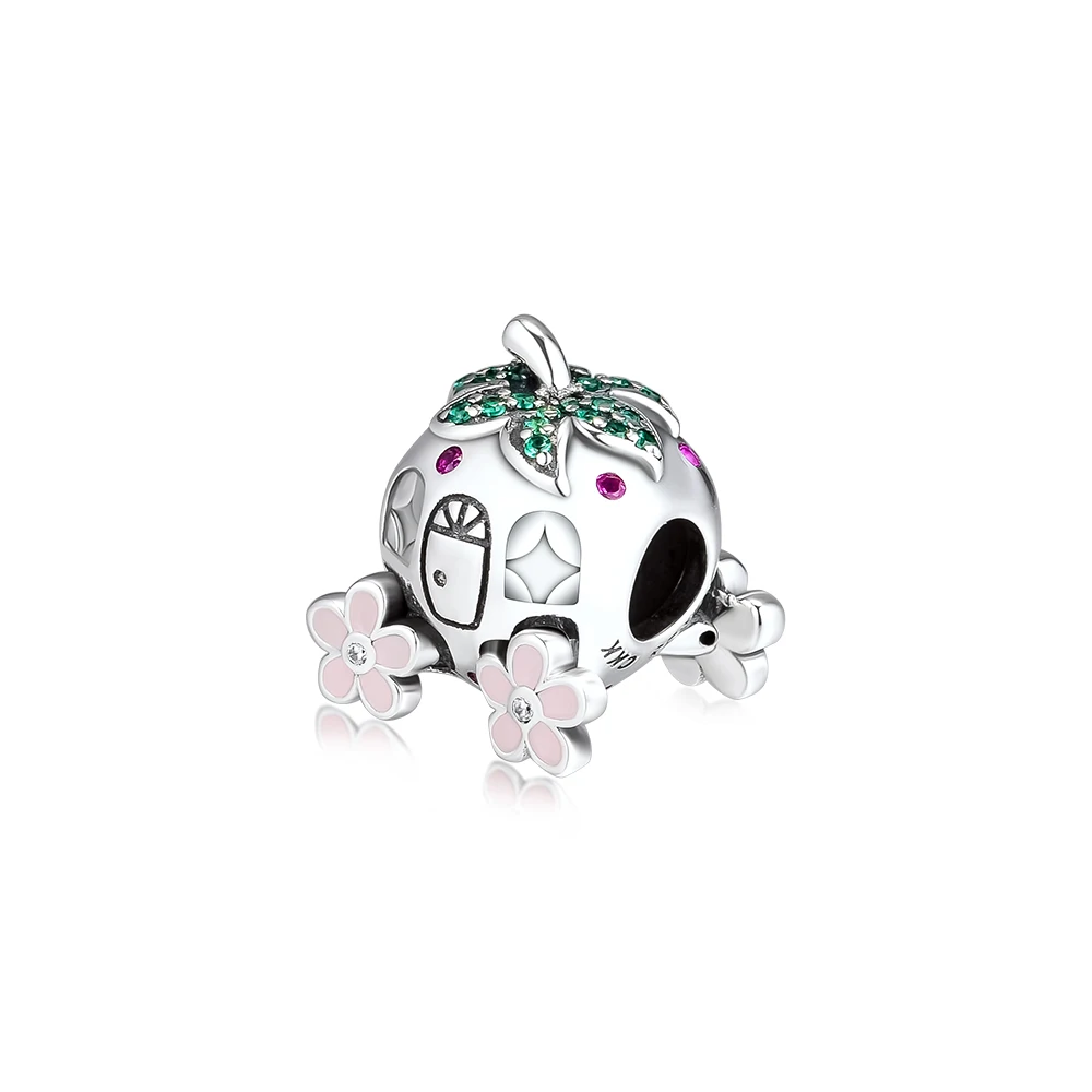 Подходит для браслетов Pandora, Золушка, клубника, бусины с зеленым и красным фианитом, 925 пробы-серебро-ювелирные изделия