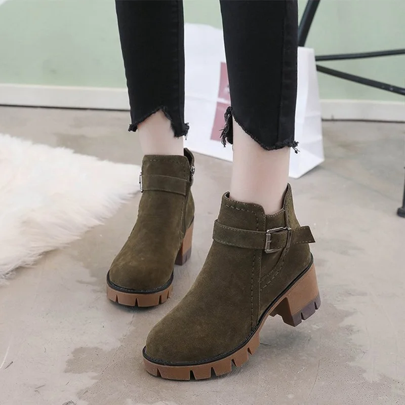 

2019 Autumn Ankle Boots Women Platform Zipper Suede Buckle Strap Zipper Chunky High Heels Ladies Fashion Shoes Female Botas