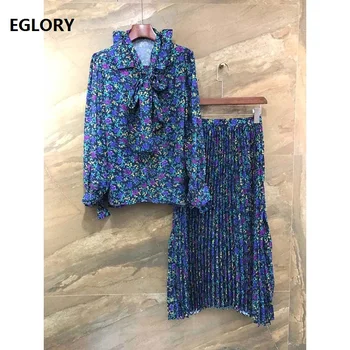 

2020 Spring Summer Fashion Skirt Suits Women Bow Collar Little Flower Print Casual Shirts+Mid-Calf Length Pleated Skirt Sets