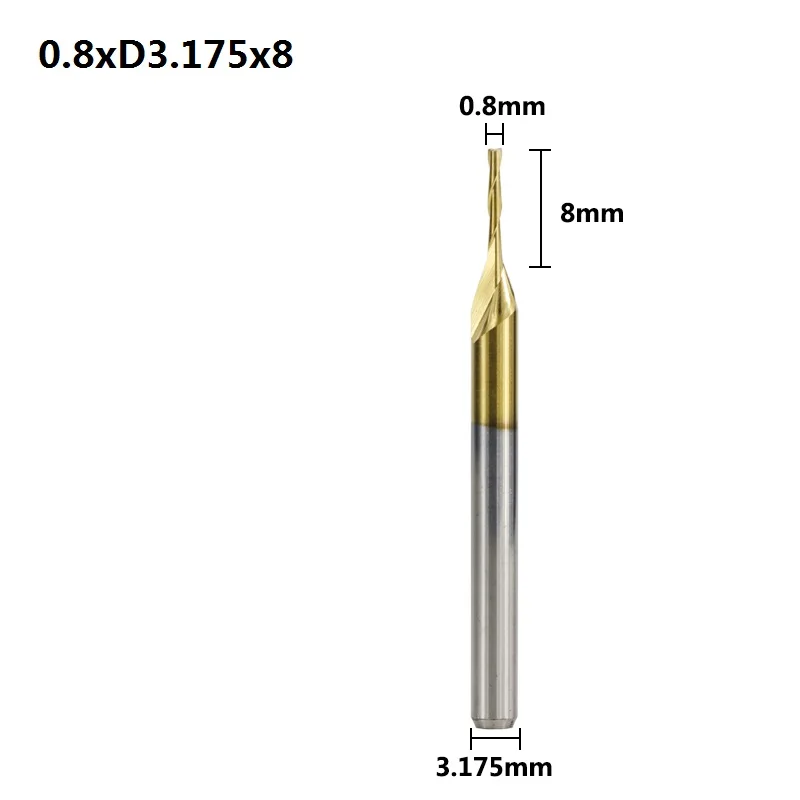 XCAN 10 шт. 0,8-3,175 мм с титановым покрытием 2 флейты плоская Концевая фреза 3,175 мм хвостовик ЧПУ фреза Карбид Концевая фреза - Длина режущей кромки: 0.8xD3.175x8