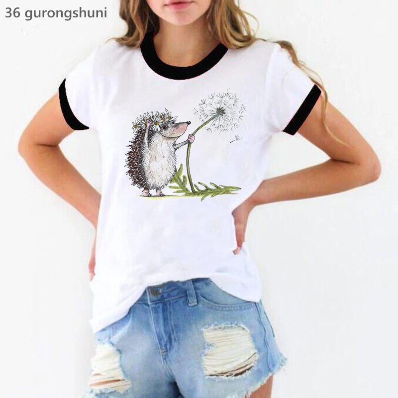 Cute Hedgehog Loves Dandelion Print T-Shirt Women'S Clothing Funny White Tshirt Female Summer Tops Tee Shirt Femme Streetwear