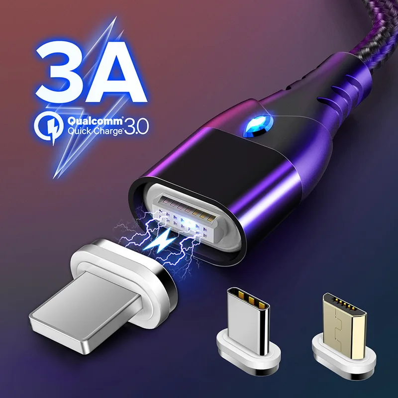 

GETIHU 3A LED Magnetic Cable For iPhone XS MAX XR X 8 7 Quick Charge 3.0 Magnet Micro USB Mobile Phone Fast Charging Type-C Cord