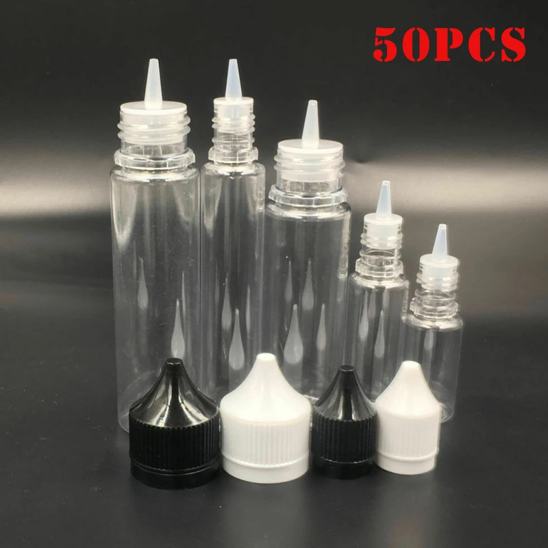 

50pcs 10ml/30ml/50ml/60ml/100ml/120ml Plastic PET Water Liquid E Juice Dropper Eye Clear Bottles Pointed Tip Caps Vape Container