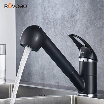 

ROVOGO 360 Degree Rotate Kitchen Sink Faucet Pull Out, Two-function Stream Spray Basin Mixer Matt Black Brass