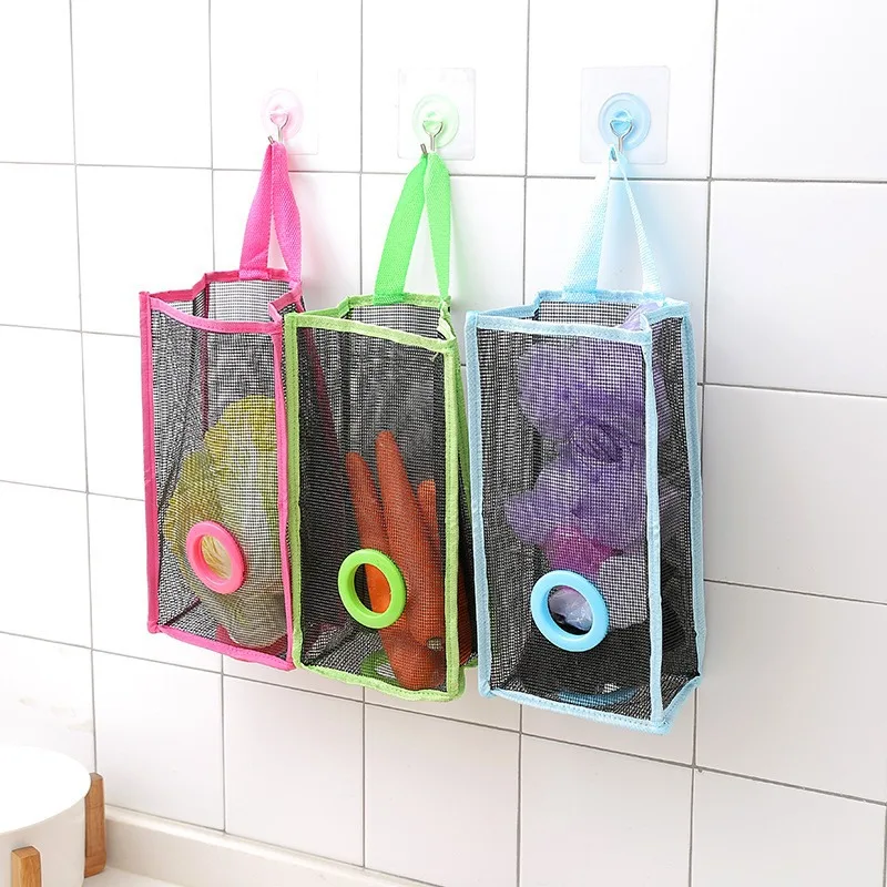 

Kitchen Hanging Plastic Bag Storage Organizer Mesh Garbage Dispensers Folding Trash Bags Breathable Holder Container .x x