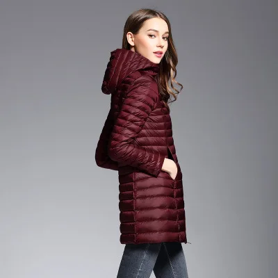 Женская тонкая пуховая куртка средней длины, приталенная куртка с капюшоном на молнии - Цвет: Burgundy