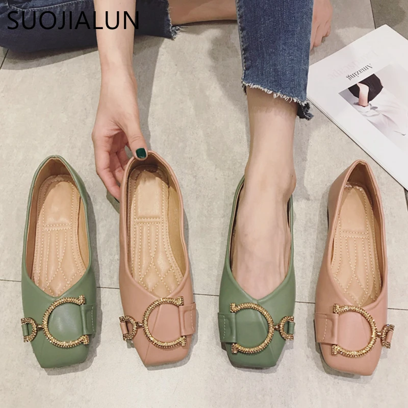 

SUOJILAUN Plus Size Women Ballerina Shoes Rhinestone Buckle Flat Shoes Round Toe Slip On Ladies Lazy Loafers Elegant Ballet Flat