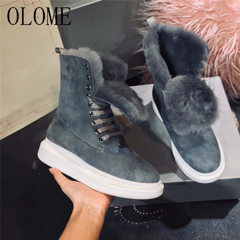 OLOME новые модные женские ботильоны с круглым носком на шнуровке зимние теплые