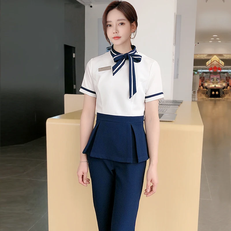 Uniformes de salón de belleza para mujer, ropa de trabajo para camarera de Hotel, conjuntos de unide formales para Tops y pantalones de manga corta - Ropa de mujer