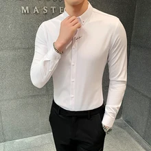 Высококачественная Мужская одежда, рубашки с длинным рукавом, белая деловая рубашка, приталенная, для бизнеса, социальных, для офиса, мужская, умная, повседневная, одноцветная блузка