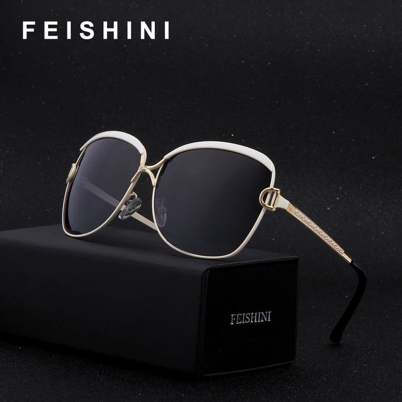 

FEISHINI 2022 High Quality Fashion Driving Oculos De Sol Feminino Big Frame Metal Vintage Sunglasses Women Polarized Brand