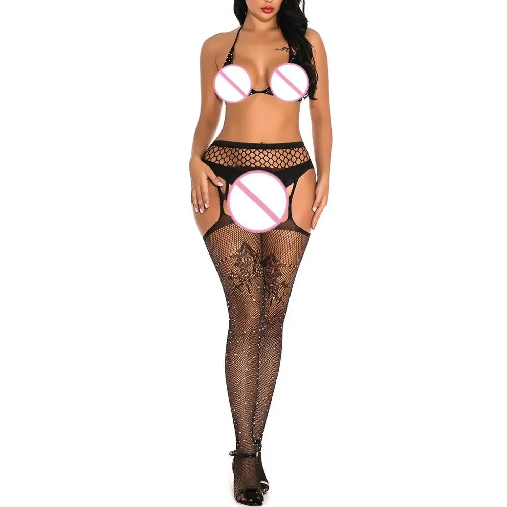 A Women Lingerie Women Hollow Out Sexy Hot drilling Lingerie Solid Fishnet Net stocking Free Size Bodysuit diamond bra3 - Цвет: A