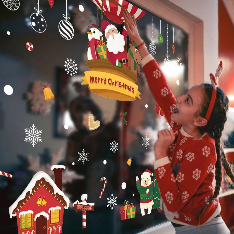 Рождественские украшения для дома, Navidad, наклейки на окна, снежинка, лось, стеклянные наклейки, Санта, настенные фрески, рождественские, вечерние, Декор