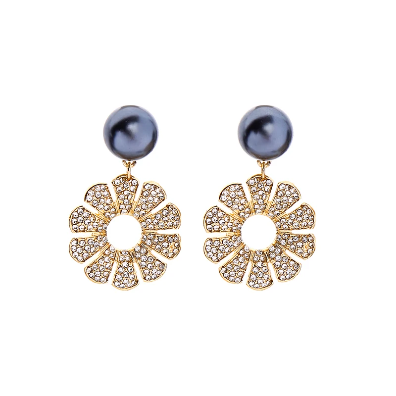 Fashion Drop Earrings Jewelry Bijoux Unique Light Black Acrylic Pearl Shiny Crystal Flower Gold Color Dangle Earring For Women | Украшения