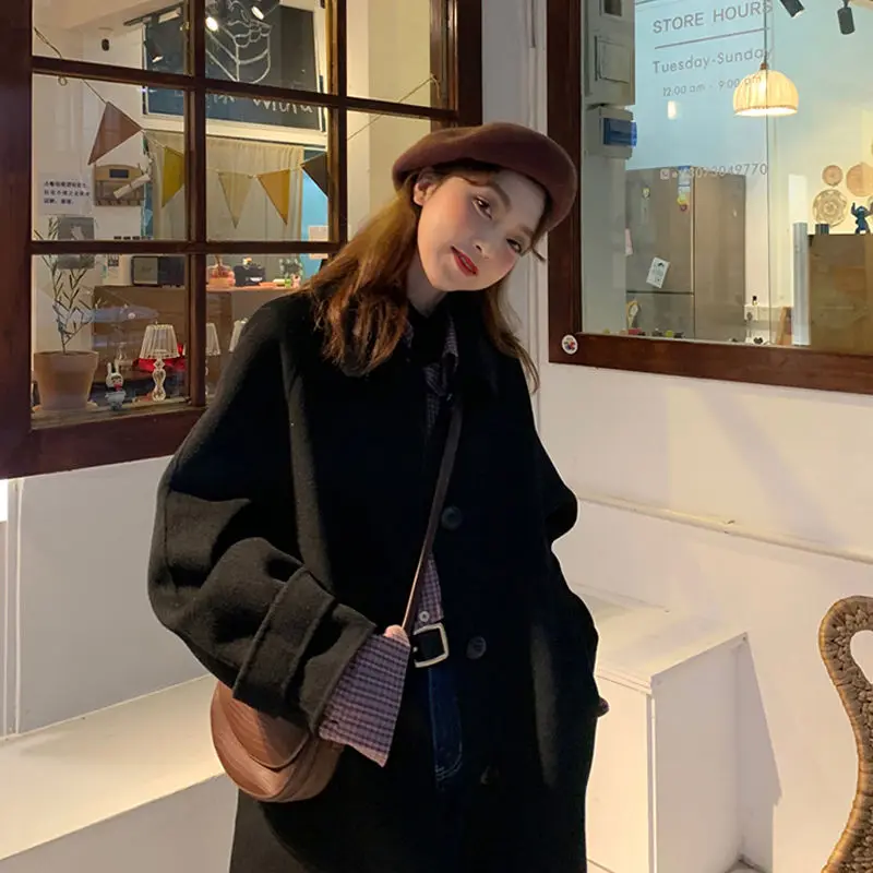 

Black Woolen Coat Women's 2021 Autumn New Korean Version of The Wild Hepburn Style Woolen Coat