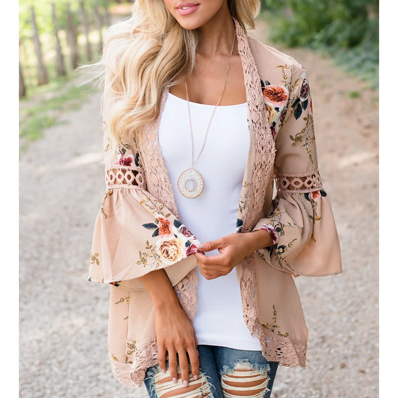 

Women Jacket Kimono Floral Printed Cardigans 2020 Hollow Out Elegant 3/4 Sleeves Streetwear Top Outerwear
