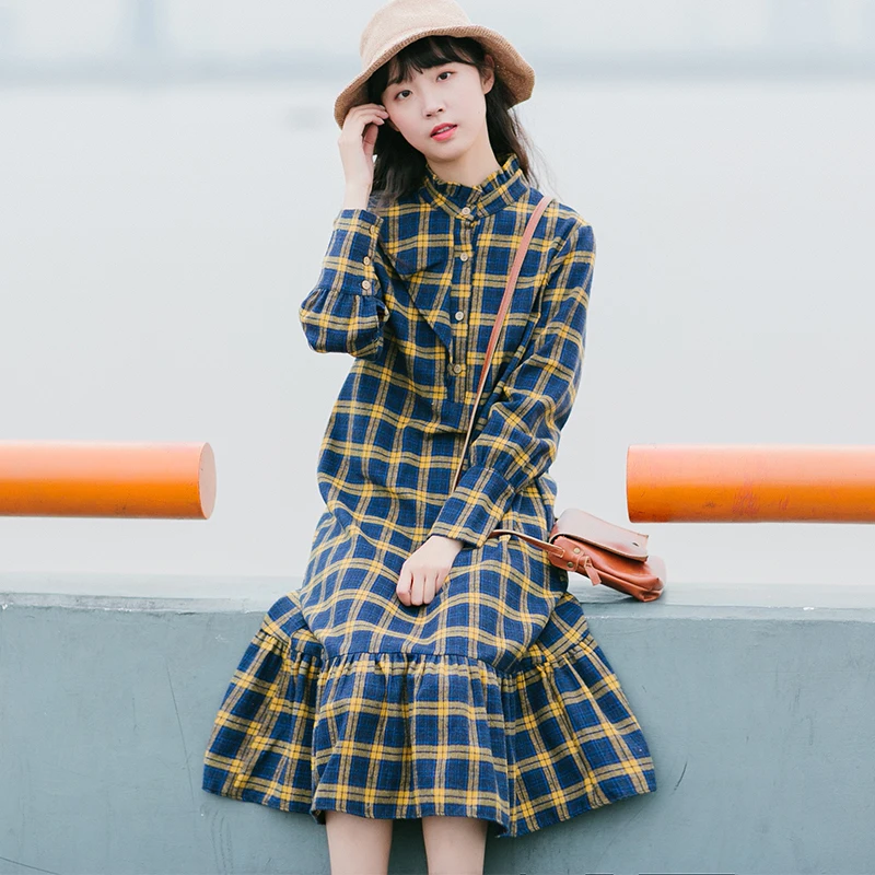 Koop Vrouwen Katoen En Linnen Jurk 2019 Herfst Winter Vrouwelijke Mode Vintage Plaid Elegante A lijn Jurk Lange Mouwen Casual Dress