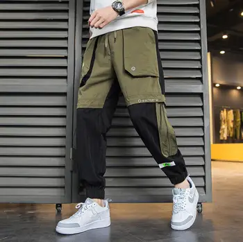 

Men Cotton Overalls Stitching color Men Pockets Cargo Pants 2020 Elastic Waist Men Trousers Hip Pop Brand Pants Plus size w406