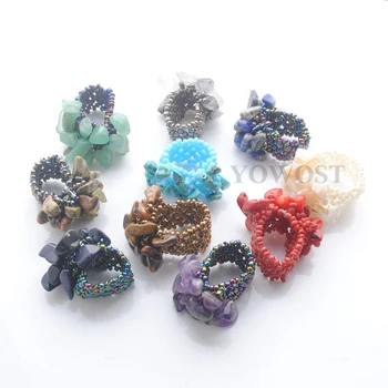 

YOWOST Rings Mixed Colors 10PCS/lot Natural Gem Stone Chip Beads Stretch Finger Ring Men Women Fashion Jewelry IC2043