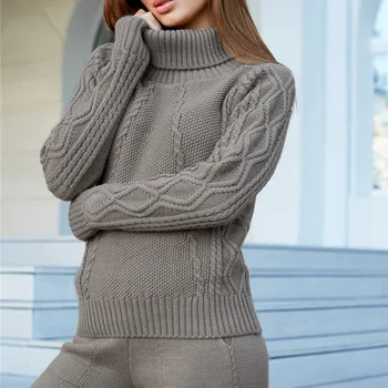

Autumn Winter 2 Piece Set Knit Pants Sporting Suit Clothing 2019 Women Knitted Tracksuit Turtleneck Sweater Casual Suit