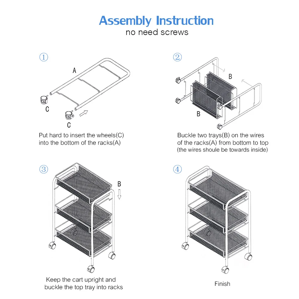 

Hot Multifunctional 3-Tier Storage Rack Mesh Wire Rolling Cart Kitchen Bedroom Bathroom Living Storage Rack Organizer