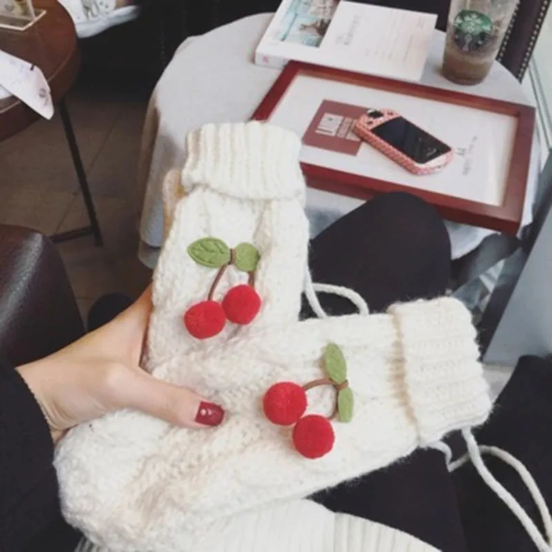 Зимние теплые модные женские шерстяные вязаные перчатки Осенняя Корейская версия толстых вишневых женских перчаток варежки