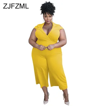 

High Waist Office Lady Plus Size Jumpsuit Women Deep V Neck Sleeveless Wide Leg Romper Summer Yellow One Piece Bodycon Overalls