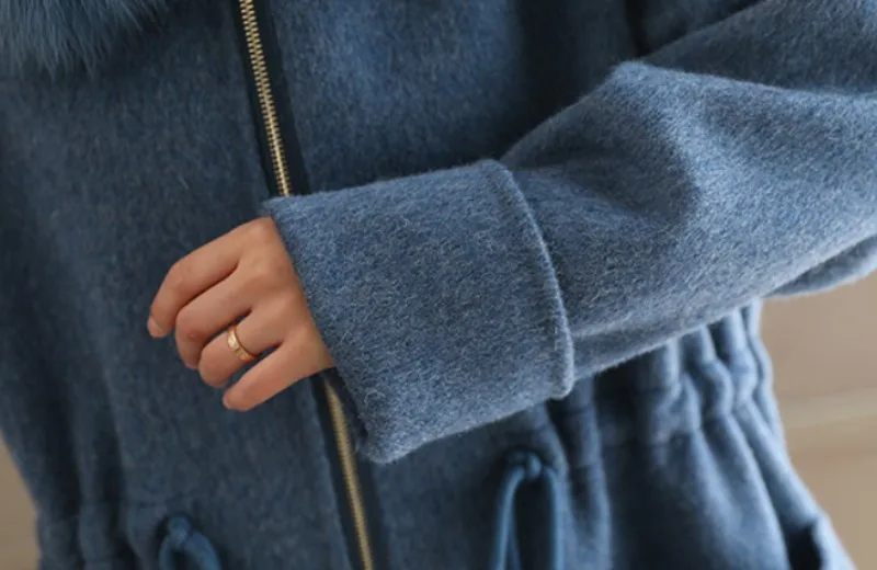 Высококачественное шерстяное женское осеннее пальто Зимняя длинная куртка с меховым воротником и капюшоном Повседневная теплая верхняя одежда на молнии синий/серый Abrigo Mujer
