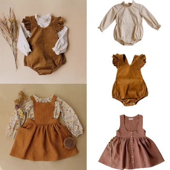 

2020 New Autumn Dan Kids Clothes Sets Girls Flower Shirts Strap Dress and Baby Bodysuits Outfits Clothing Sets