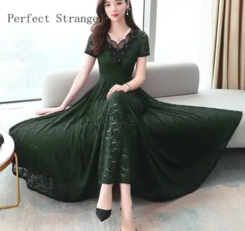 

2020 Summer New Arrival High Quality Elegant Short Sleeve V Collar Women Lace Long Dress Plus Size M-3XL