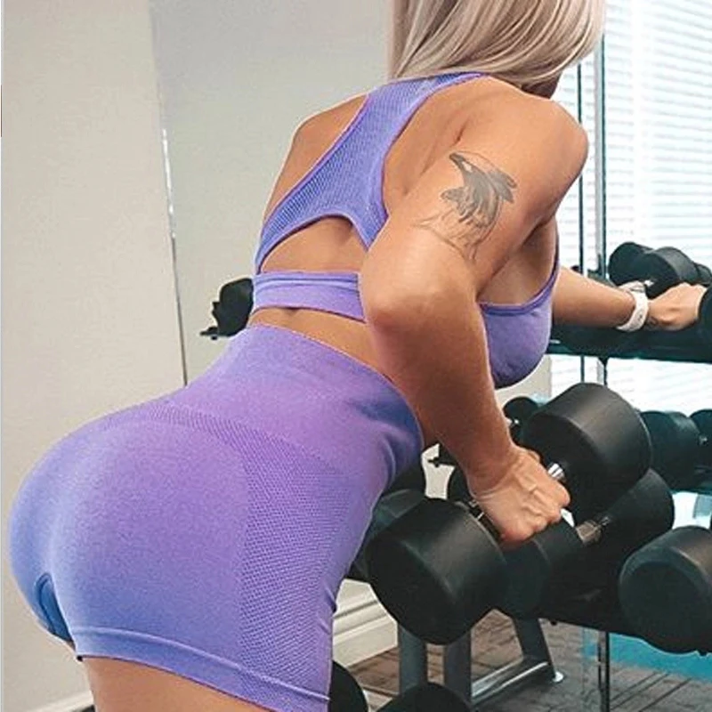 2PCS New Seamless Yoga Set Gym Clothing Women Sportswear Sports Bra Fitness Crop Tops Scrunch Butt Shorts Leggings Sports Suit