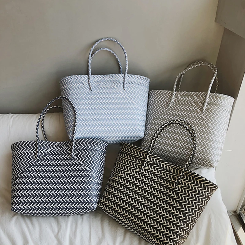 

Handmade Straw Bag Women Large Capacity Straw Woven Handbags Wicker Woven Striped Beach Bag Summer Straw's Basket Totes 2020 New
