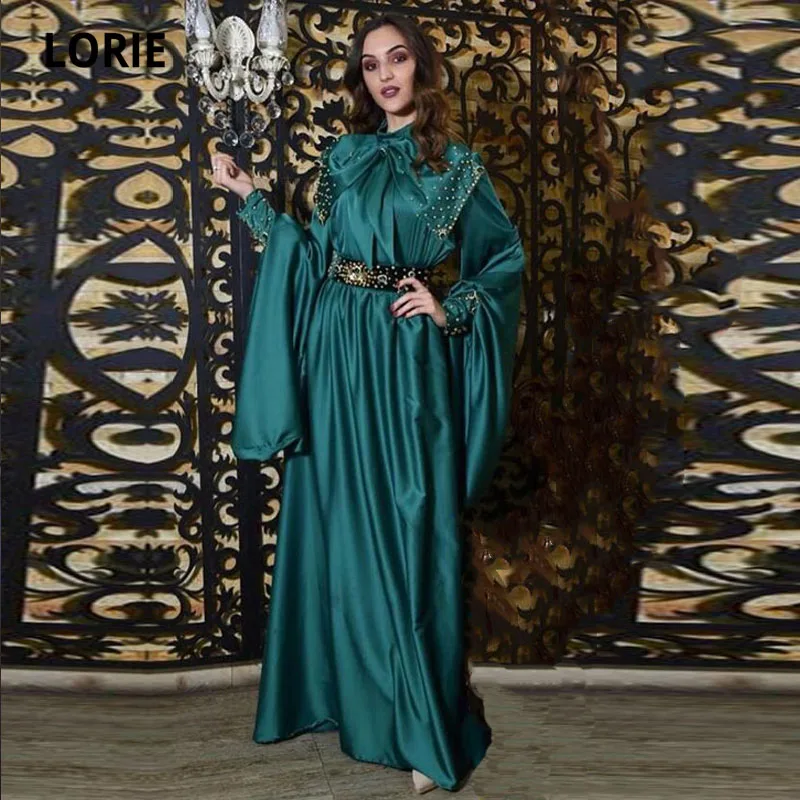 

LORIE Moroccan Kaftan Evening Dresses Arabic High Neck Beaded Pearls Long Sleeves Satin Muslim Prom Gown Party vestido de festa