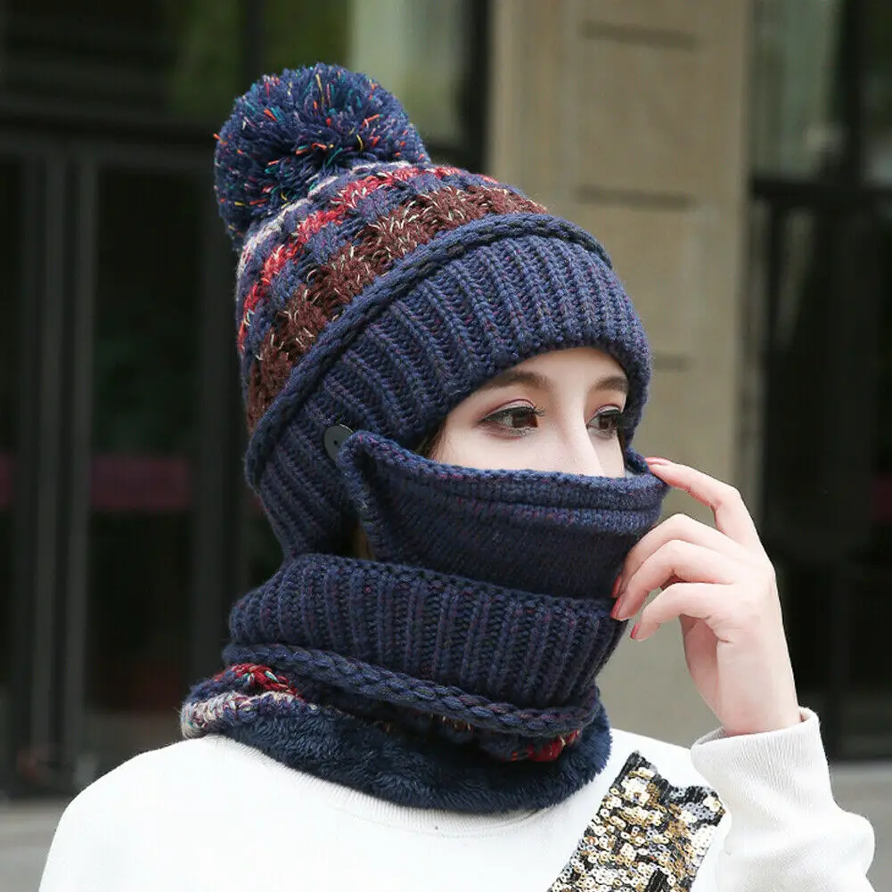 Новинка, теплая вязаная полосатая шапка, шарф, набор, для женщин, Pom Beanie, шапка для зимы и осени, маска для шеи, шапка для девочек, Балаклава, Sacrf Skullies, шапки