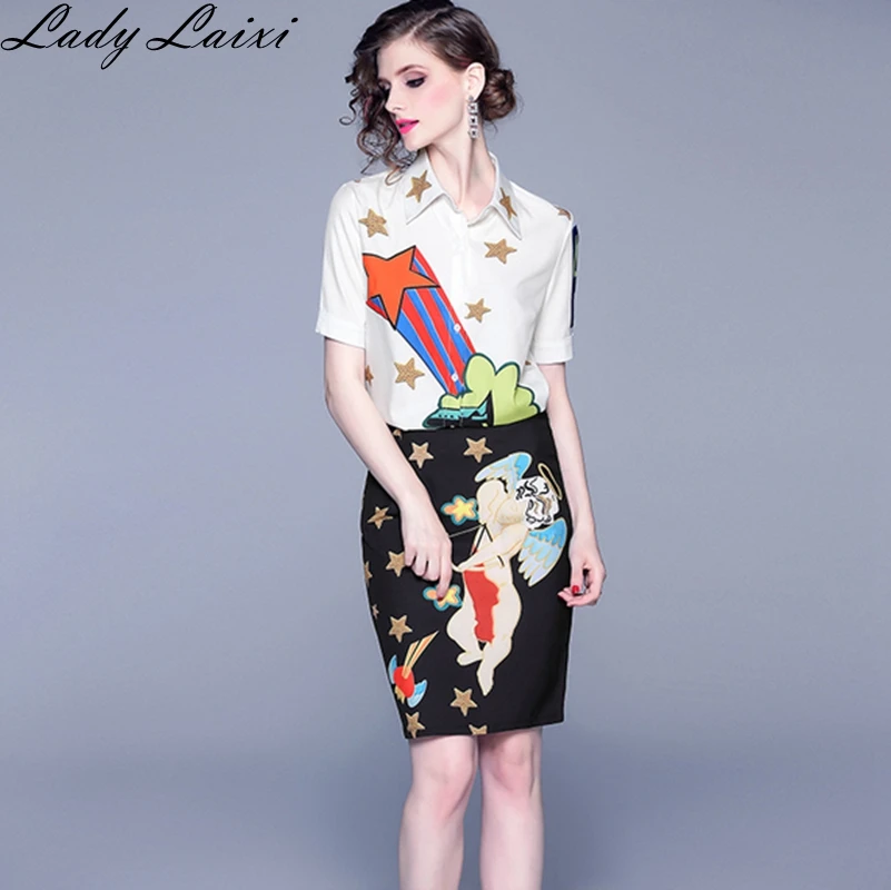 

2019 Summer Runway Two Piece Set Star Angel Print Short Sleeve blouse Skirt Set Vintage Blouse+Bodycon Mini Skirts Suit