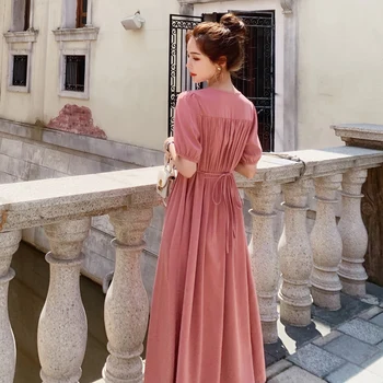 

2020 Summer Women Short Sleeve V-neck Solid Color Long Dress Office Lady Elegant Korean Pleated Bandage Dresses A130