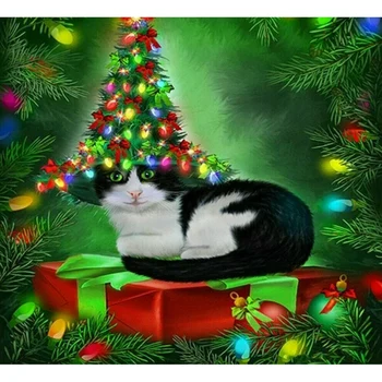 

Diamond Painting Christmas Tree Cat Hat Design Embroidery Full Square Decoration