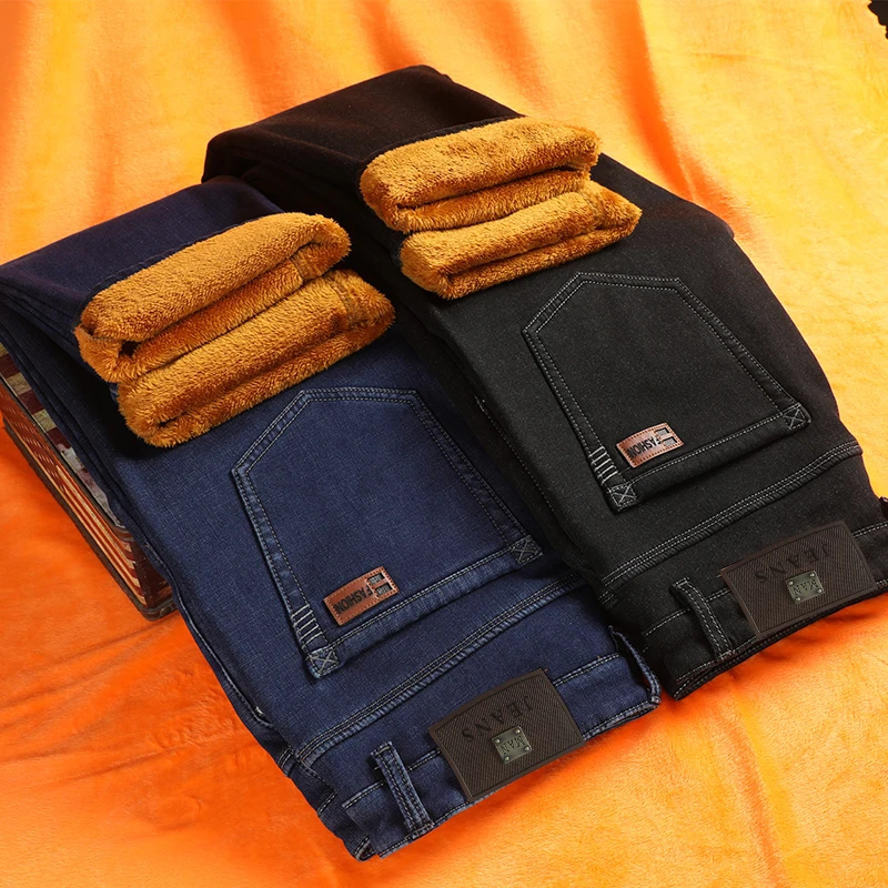 Men Fashion Winter Jeans Casual Loose Straight Business Denim Pants Stretch Thick Velvet Warm Jeans Male Fleece Trousers