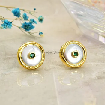 

GuaiGuai Jewelry 16mm Freshwater White Coin Pearl 24 K Golden Plated Stud Green Cz Earrings