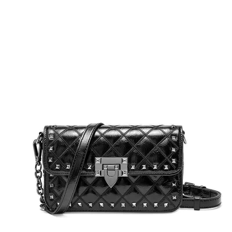 

New Fashion Rivet Diamond Lattice Small Genuine Leather Women's Shoulder Bag Crossbody Package Clutch Female Designer Handbags