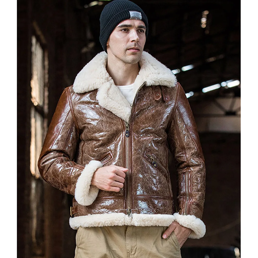 

2020 Super Thicken Oil Wax Brown Real Sheepskin Fur Jackets Short Winter Warm B3 Flying Jacket Real Natural Shearling